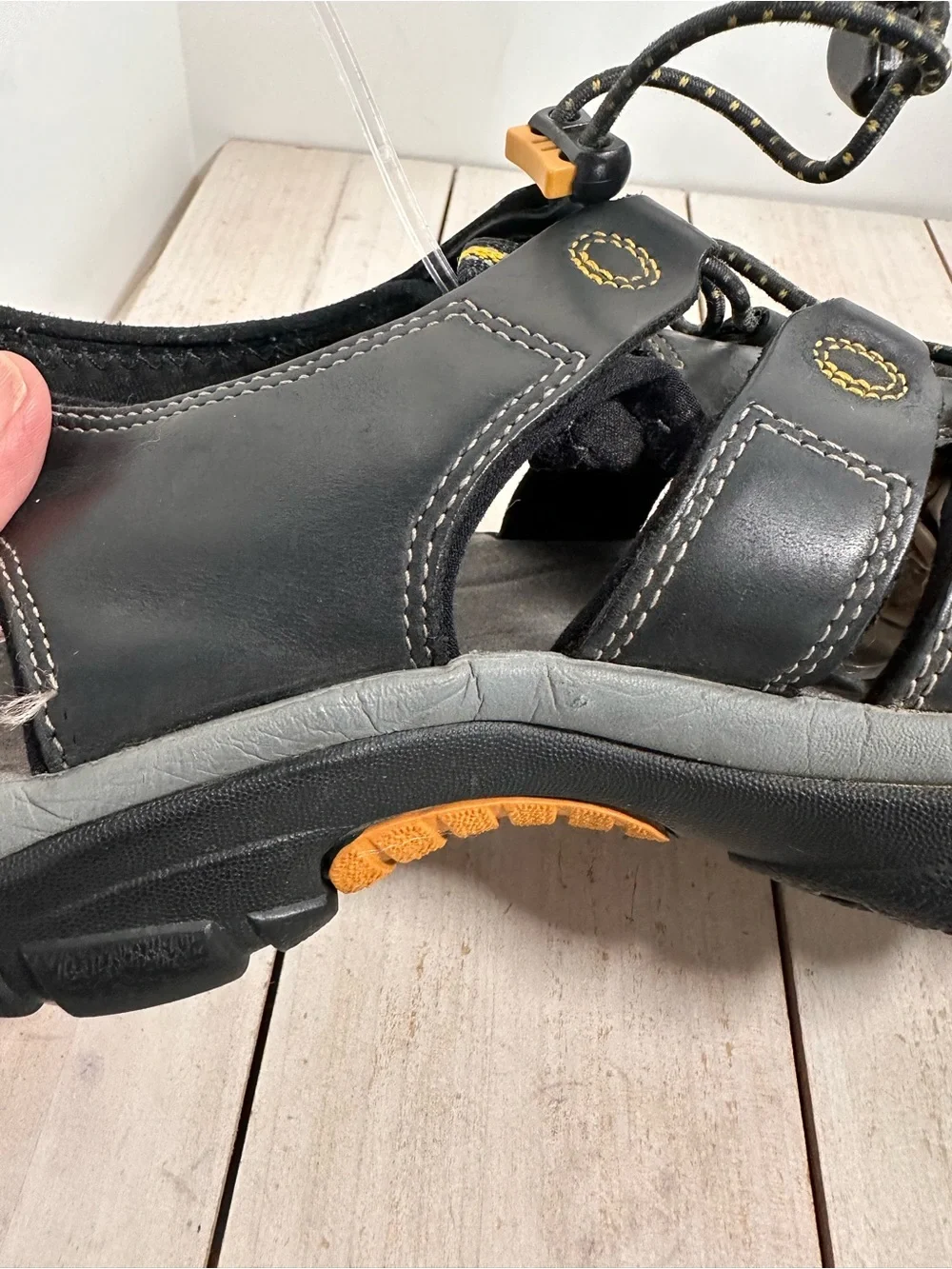 Keen Men’s Newport H2 Black leather Sandals W/Yellow Stitching protected toe cap